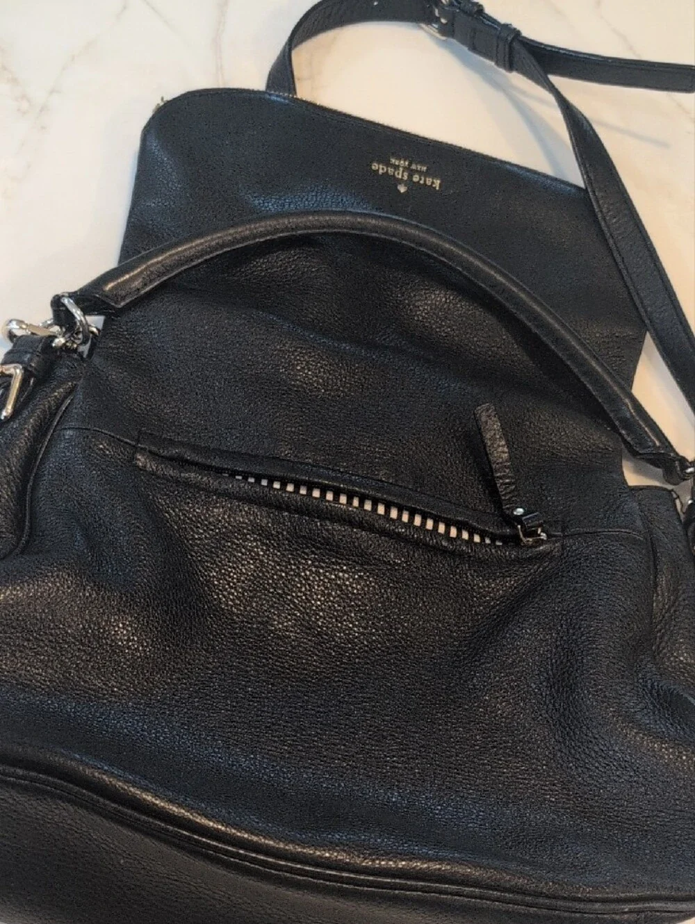 kate spade Black Pebbled Leather Messenger Bag with Front Zip Flap